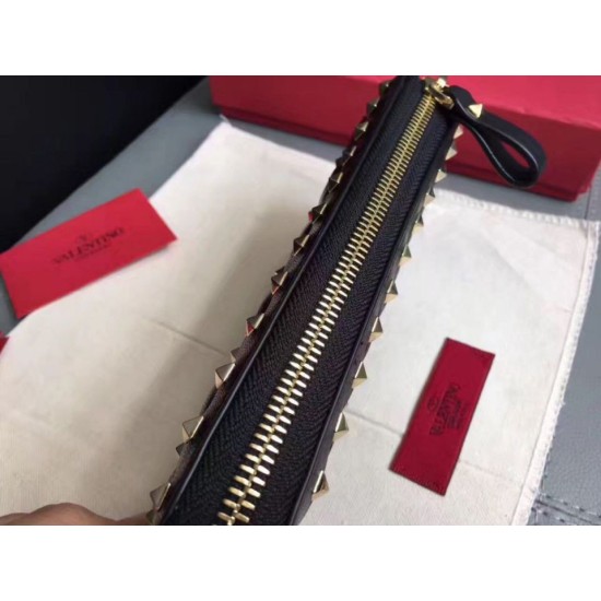 Perfette Qualità Repliche Valentino Rockstud Spike Zip Portafoglio Noir Agnello Imitazione