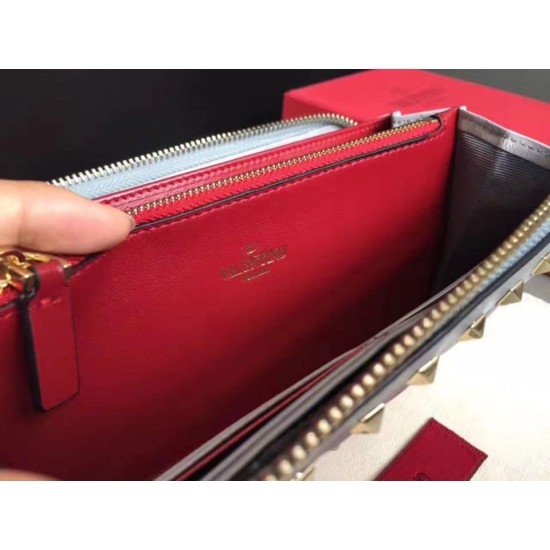 Replica perfetta Valentino Rockstud Spike Zip Portafoglio Sky Blue Agnello Imitazione Outlet Online