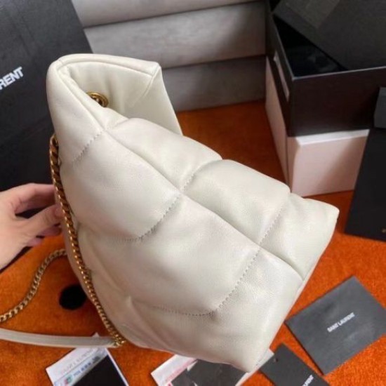 Replica perfetta Borsa media Saint Laurent Loulou Puffer agnello avorio Imitazione Outlet Online