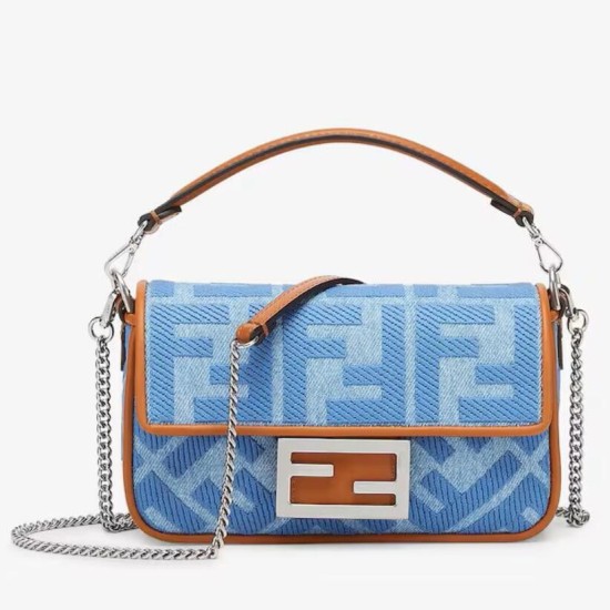 Miglior Falso Mini borsa Fendi Baguette in denim con ricamo FF Economiche Premium