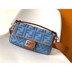 Perfette Qualità Repliche Borsa media Fendi Baguette in denim con ricamo FF Imitazione