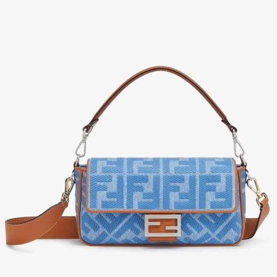 Perfette Qualità Repliche Borsa media Fendi Baguette in denim con ricamo FF Imitazione