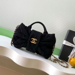 Repliche Borsa Chanel Mini con fiocco in nylon effetto velluto AS5849 Nero Imitazioni False Online