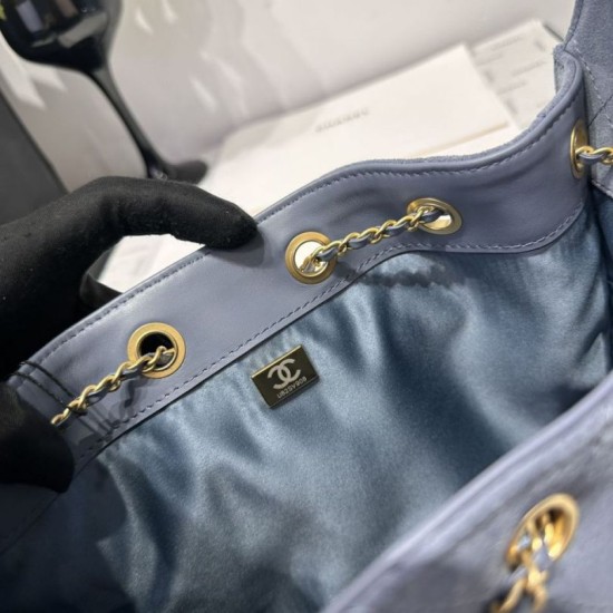 Repliche Chanel AS5293, borsa a secchiello con coulisse piccola Hobo Vintage, pelle di daino blu Imitazioni False Online