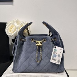 Repliche Chanel AS5293, borsa a secchiello con coulisse piccola Hobo Vintage, pelle di daino blu Imitazioni False Online