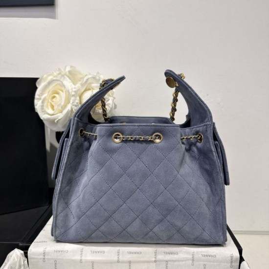 Repliche Chanel AS5293, borsa a secchiello con coulisse piccola Hobo Vintage, pelle di daino blu Imitazioni False Online