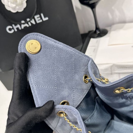 Repliche Chanel AS5293, borsa a secchiello con coulisse piccola Hobo Vintage, pelle di daino blu Imitazioni False Online