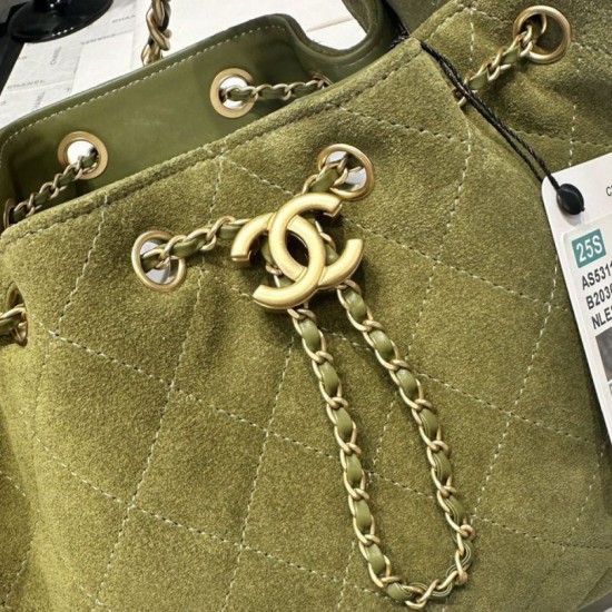 Repliche Chanel AS5293, borsa a secchiello con coulisse piccola Hobo Vintage Verde pelle di daino Imitazioni False Online