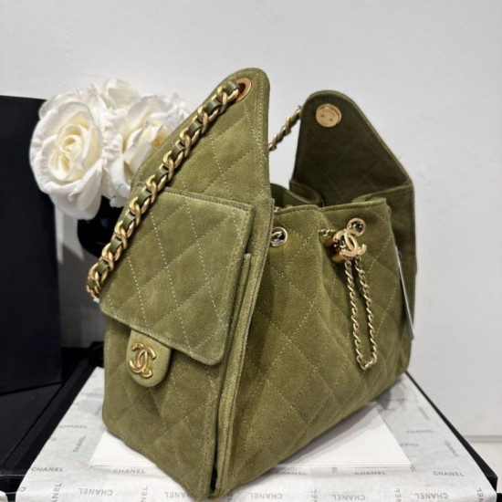 Repliche Chanel AS5293, borsa a secchiello con coulisse piccola Hobo Vintage Verde pelle di daino Imitazioni False Online