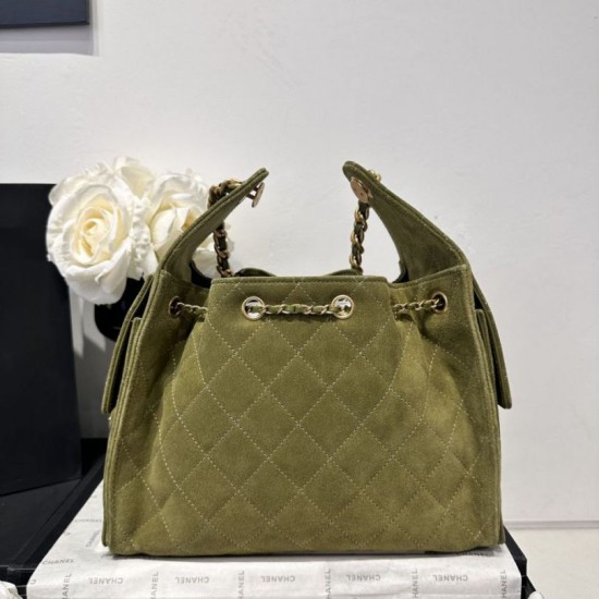 Repliche Chanel AS5293, borsa a secchiello con coulisse piccola Hobo Vintage Verde pelle di daino Imitazioni False Online