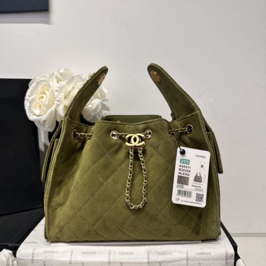 Repliche Chanel AS5293, borsa a secchiello con coulisse piccola Hobo Vintage Verde pelle di daino Imitazioni False Online