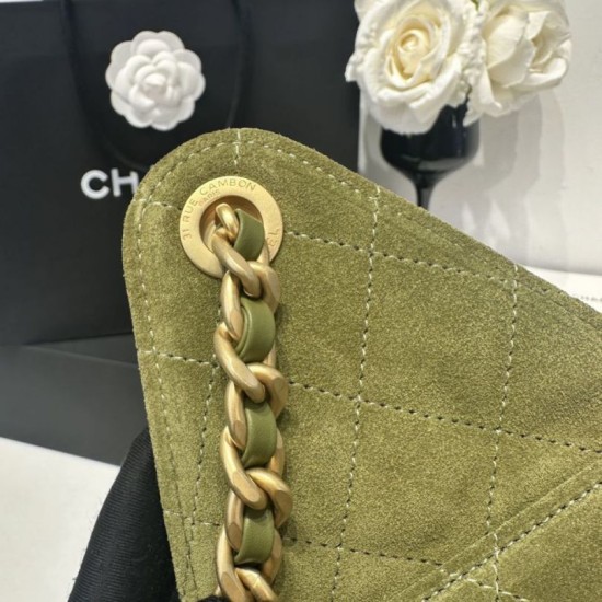 Repliche Chanel AS5293, borsa a secchiello con coulisse piccola Hobo Vintage Verde pelle di daino Imitazioni False Online