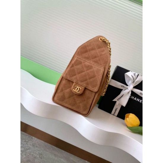 Repliche Chanel AS5293 Borsa a secchiello piccola Hobo Vintage con coulisse in pelle scamosciata marrone Imitazioni False Online