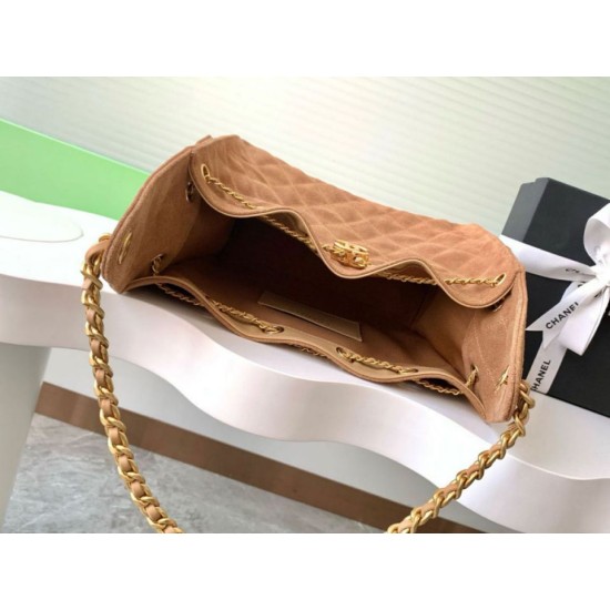 Repliche Chanel AS5293 Borsa a secchiello piccola Hobo Vintage con coulisse in pelle scamosciata marrone Imitazioni False Online