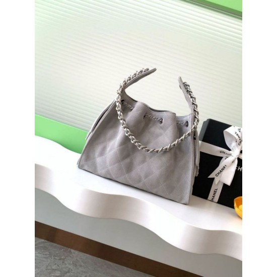 Replica Chanel AS5293 Borsa a secchiello piccola Hobo Vintage con coulisse in pelle scamosciata grigia Imitazioni False Repliche Chanel AS5293 Borsa a secchiello piccola Hobo Vintage con coulisse in pelle scamosciata grigia Imitazioni False Online