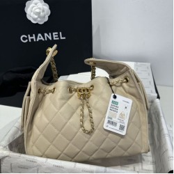 Repliche Chanel AS5293 Borsa a secchiello piccola Hobo Vintage con coulisse in pelle di vitello granata albicocca Imitazioni False Online