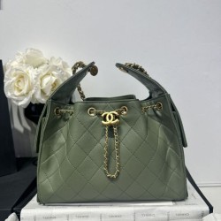 Repliche Chanel 25c AS5293 Borsa a secchiello Hobo Vintage piccola con coulisse in pelle di vitello granata Verde Imitazioni False Online