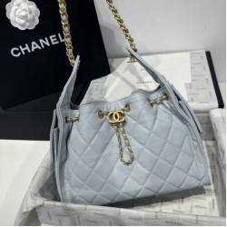 Repliche Chanel 25c AS5293 Borsa a secchiello Hobo Vintage piccola con coulisse in pelle di vitello granata Blu Imitazioni False Online