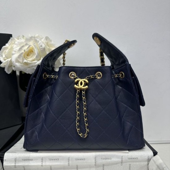 Repliche Chanel 25c AS5293 Borsa a secchiello Hobo Vintage piccola con coulisse in pelle di vitello granata Blu scuro Imitazioni False Online