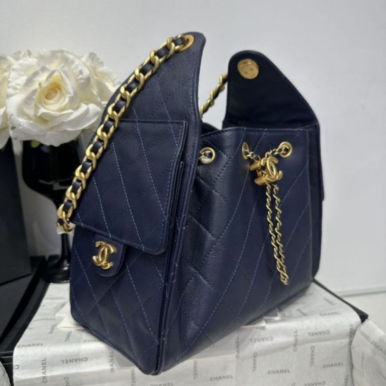 Repliche Chanel 25c AS5293 Borsa a secchiello Hobo Vintage piccola con coulisse in pelle di vitello granata Blu scuro Imitazioni False Online
