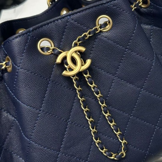 Repliche Chanel 25c AS5293 Borsa a secchiello Hobo Vintage piccola con coulisse in pelle di vitello granata Blu scuro Imitazioni False Online