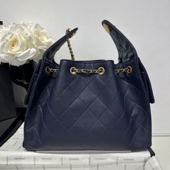 Repliche Chanel 25c AS5293 Borsa a secchiello Hobo Vintage piccola con coulisse in pelle di vitello granata Blu scuro Imitazioni False Online