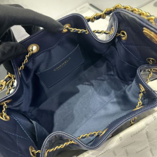 Repliche Chanel 25c AS5293 Borsa a secchiello Hobo Vintage piccola con coulisse in pelle di vitello granata Blu scuro Imitazioni False Online
