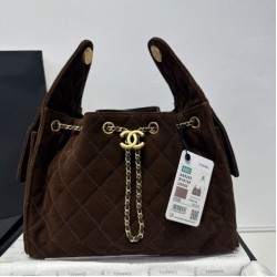 Repliche Chanel 25c AS5293 Borsa a secchiello Hobo Vintage piccola con coulisse Denim Caffè Imitazioni False Online