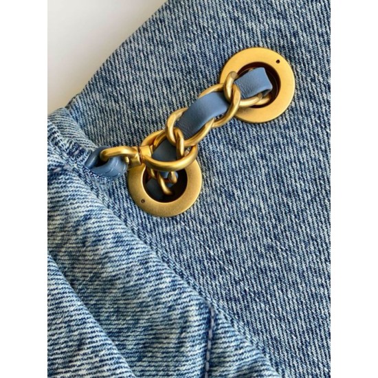 Repliche Borsa Maxi con Patta Chanel Denim Lavato AS5734 Blu Imitazioni False Online