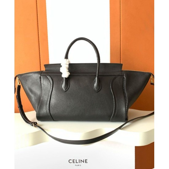 Repliche Borsa tote a spalla media Luggage Celine morbida pelle di agnello lucida nera Imitazioni False Online