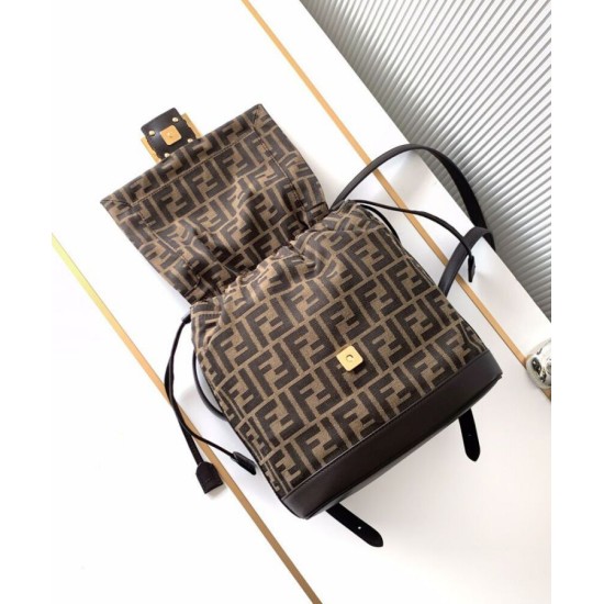 Repliche Zaino con coulisse in tessuto jacquard FF Fendi 8BZ057 Caffè Imitazioni False Online