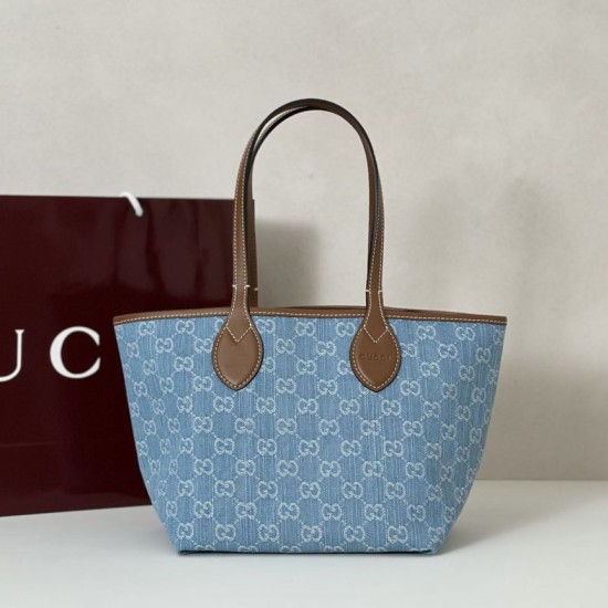 Repliche Perfette Borsa tote piccola Gucci Totissima 820496 blu jeans Imitazioni False Online