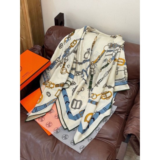 Repliche Perfette Sciarpa reversibile in cashmere Hermès con motivo a cavallo che salta 140 Blu Imitazioni False Online