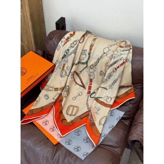 Repliche Perfette Sciarpa reversibile in cashmere Hermès con motivo a cavallo che salta 140 Organge Imitazioni False Online