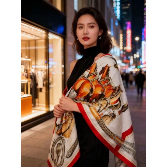 Repliche Perfette Scialle Hermès reversibile in velluto tono su tono con finimenti per cavalli stile balestra 135 Rosso Imitazioni False Online
