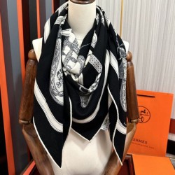 Repliche Perfette Fazzoletto reversibile in seta e cashmere Hermès 135 Nero Imitazioni False Online