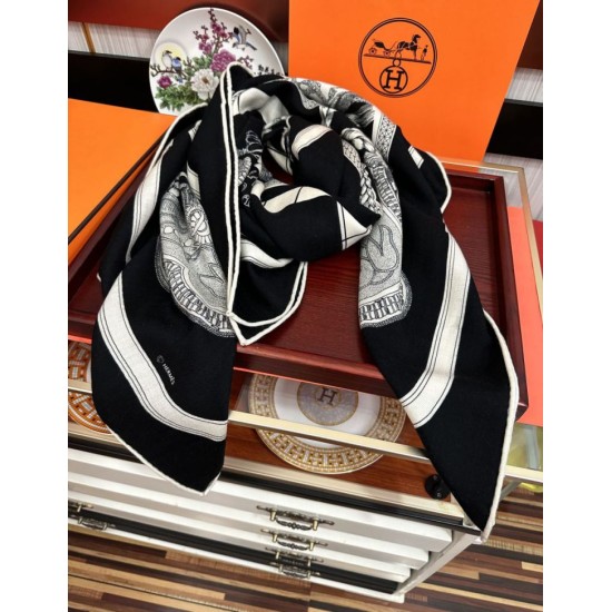 Repliche Perfette Fazzoletto reversibile in seta e cashmere Hermès 135 Nero Imitazioni False Online