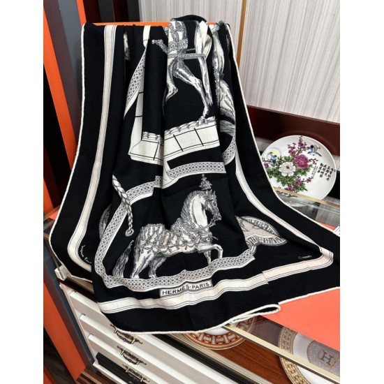 Repliche Perfette Fazzoletto reversibile in seta e cashmere Hermès 135 Nero Imitazioni False Online