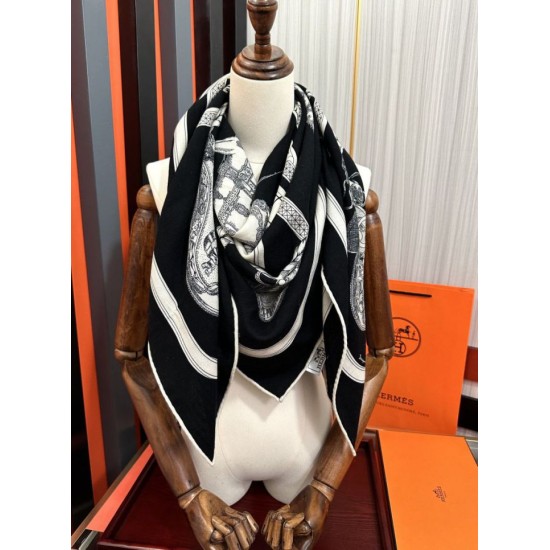 Repliche Perfette Fazzoletto reversibile in seta e cashmere Hermès 135 Nero Imitazioni False Online