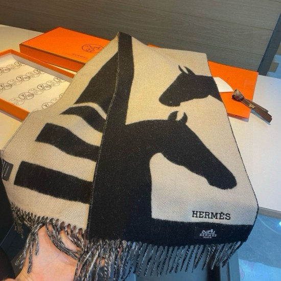 Repliche Perfette Sciarpa Hermès Horse in cashmere 30 x 140 cm Nero Imitazioni False Online