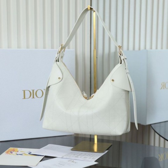 Replica Perfetta Borsa hobo Dior Voyage piccola/media piatta Macrocannage Bianco Imitazioni Fake
