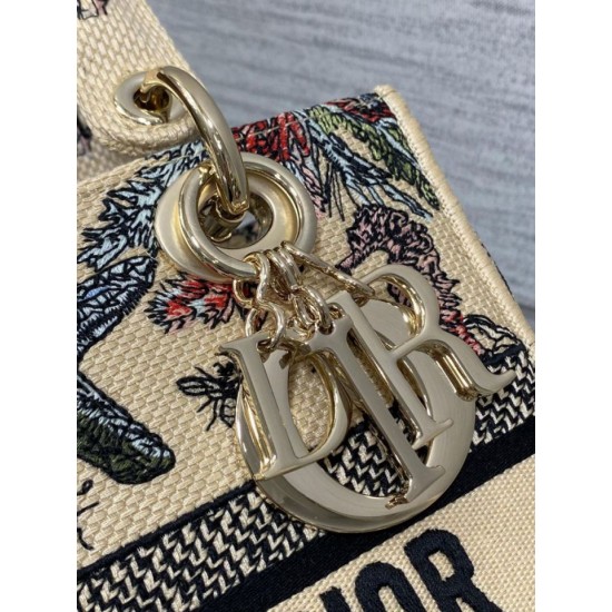 Replica Perfetta Borsa Dior Canvas Cabinet De Curiosites ricamata Lady D-Lite media beige Imitazioni Fake
