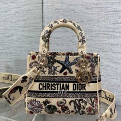 Replica Perfetta Borsa Dior Canvas Cabinet De Curiosites ricamata Lady D-Lite media beige Imitazioni Fake