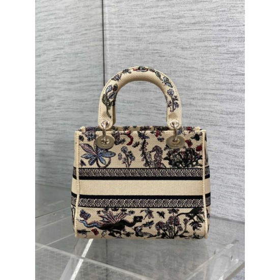 Replica Perfetta Borsa Dior Canvas Cabinet De Curiosites ricamata Lady D-Lite media beige Imitazioni Fake