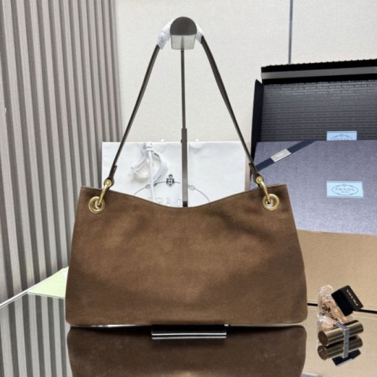 Repliche Borsa a tracolla grande Prada Etude pelle scamosciata 1BC259 Caramello Imitazioni False Outlet Online