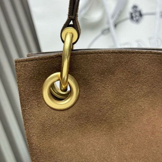 Repliche Borsa a tracolla grande Prada Etude pelle scamosciata 1BC259 Caramello Imitazioni False Outlet Online