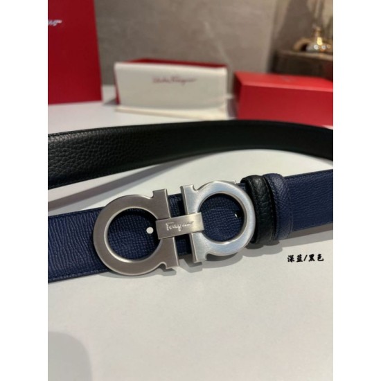Repliche Cintura reversibile da uomo Salvatore Ferragamo da 3.5 cm con clip in metallo argento Nero/Blu Imitazioni False Outlet Online