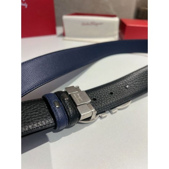 Repliche Cintura reversibile da uomo Salvatore Ferragamo da 3.5 cm con clip in metallo argento Nero/Blu Imitazioni False Outlet Online