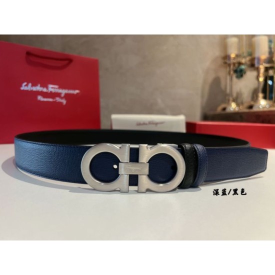 Repliche Cintura reversibile da uomo Salvatore Ferragamo da 3.5 cm con clip in metallo argento Nero/Blu Imitazioni False Outlet Online