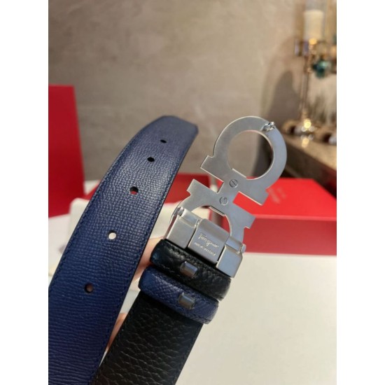 Repliche Cintura reversibile da uomo Salvatore Ferragamo da 3.5 cm con clip in metallo argento Nero/Blu Imitazioni False Outlet Online